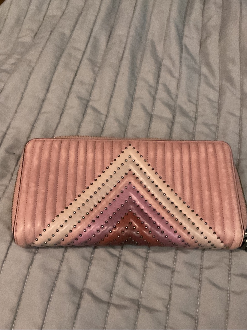 Coach Pink Quilted Chevron Zip-Around Wallet with Accent Stripes